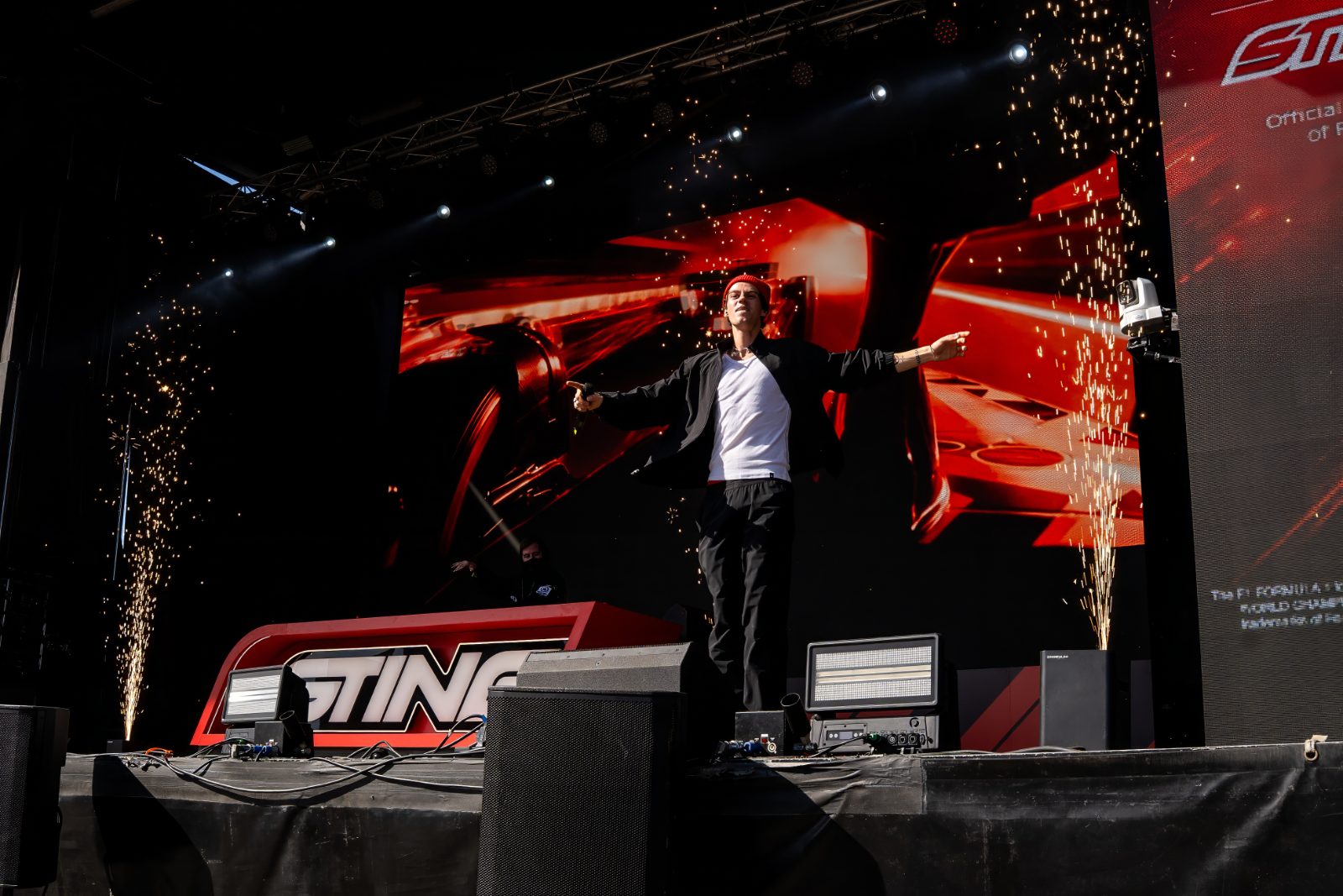 Performer amid sparks on the F1 Stage at the Circuit de Barcelona-Catalunya